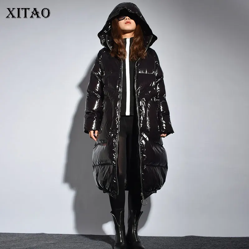 Женская парка XITAO однотонная с длинным рукавом из искусственной кожи карманами