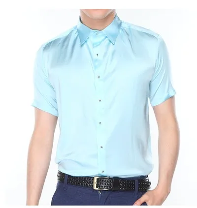 light blue Новые летние однотонные, шелковые рубашки с короткими рукавами высокого класса шелк тутового шелкопряда cultivate one's morality мужские рубашки - Цвет: light blue
