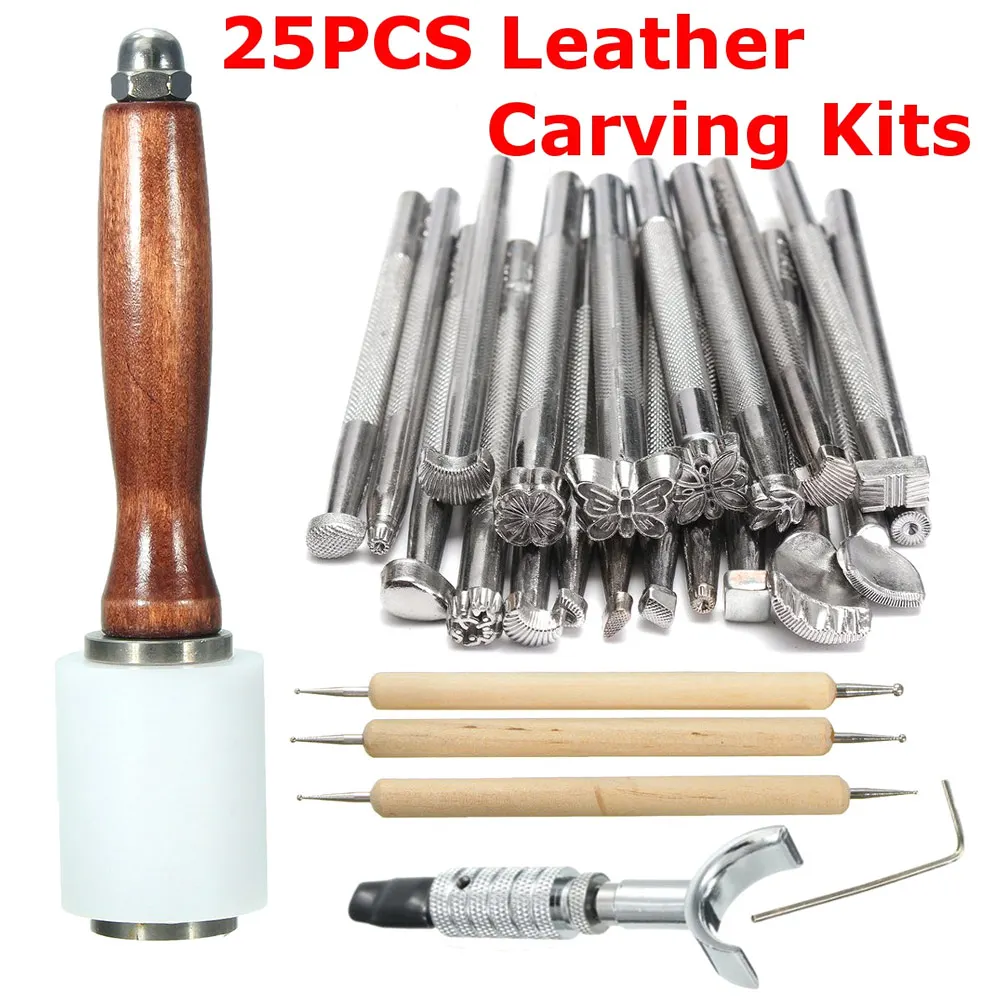 Hot 25Pcs/Set Manual Leather Craft Stamping Carved Wooden Hammer Embossing Tools Kit FQ-ing | Дом и сад