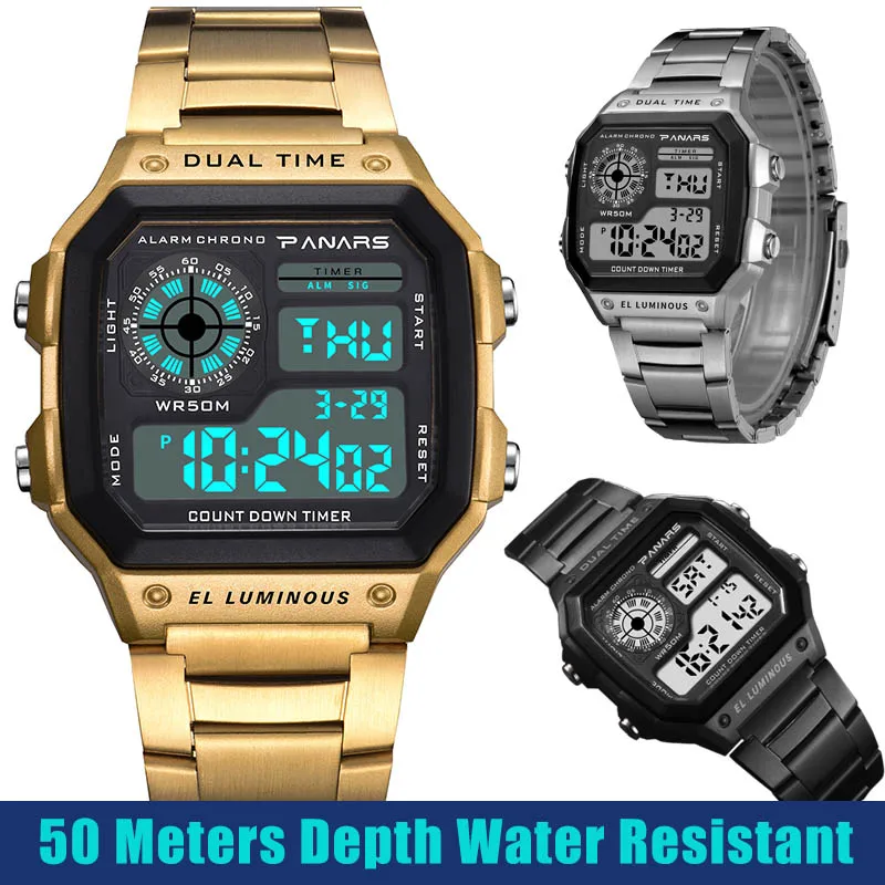 Цифровые часы Prevail Relojes Deportivos мужские ретро золотые электронные панары из