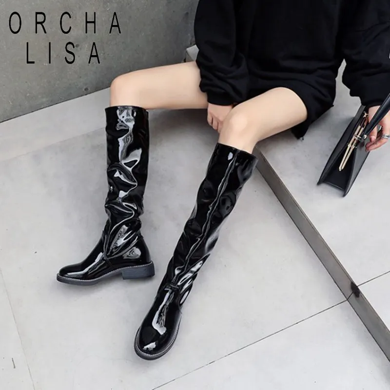 ORCHA LISA/женские высокие сапоги со складками сапоги до колена на низком каблуке черные ботинки на блочном каблуке женская зимняя рабочая обувь из лакированной кожи