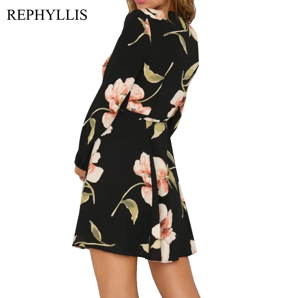 

REPHYLLIS Women Floral Chiffon V Neck Long Sleeve Print Belted A Line Dress Ladies Summer Casual Swing Mini Short Dress
