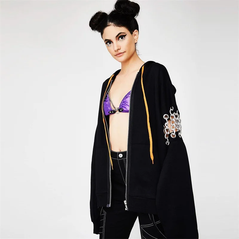 Autumn and Winter New Gothic Wind Chain Stitching Loose Hoodie Zipper Women's Jacket Sweatshirt | Женская одежда