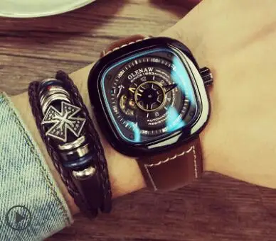 Color 9 GLENAW механические часы Мужские квадратные часы Автоматические Мужские наручные часы ажурные военные часы Подарки для мужчин - Цвет: Color 9