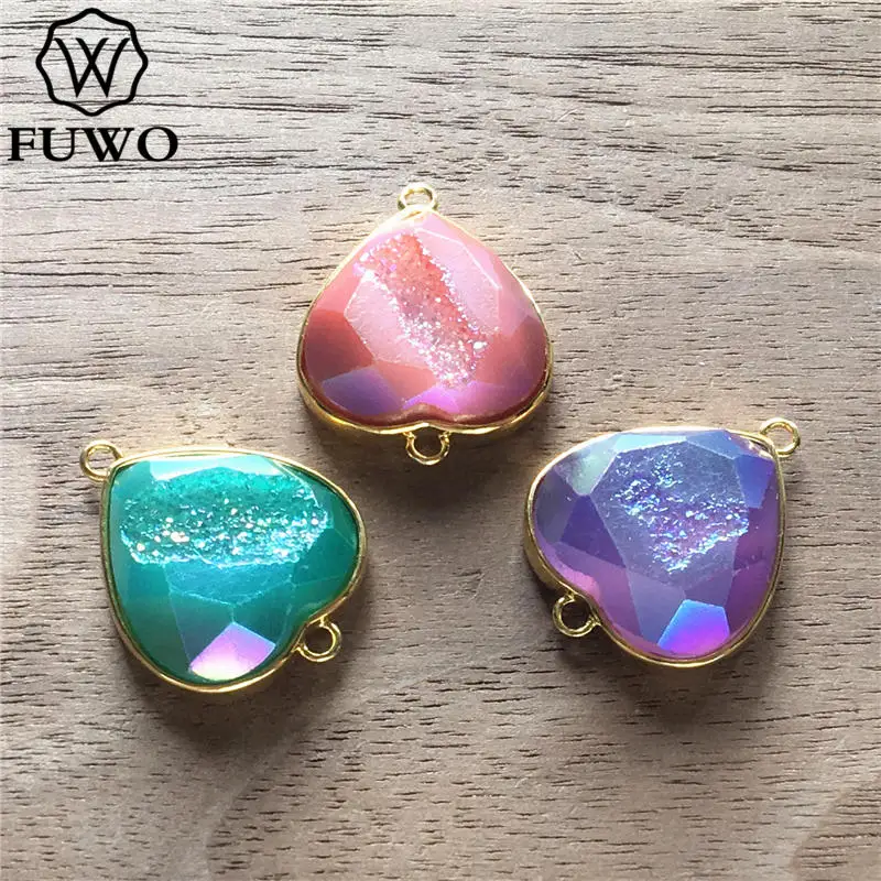 FUWO модный Радужный кулон в форме Сердца Druzy граненый аура соединитель кварц с