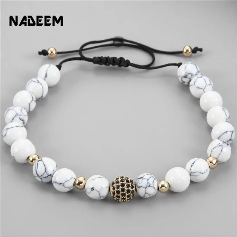 Новый 8 мм белый камень Howlite и фианит медный шарик плетение макраме браслет из