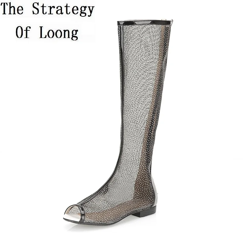 Летние модные женские высокие сапоги на плоской подошве с вырезами открытым