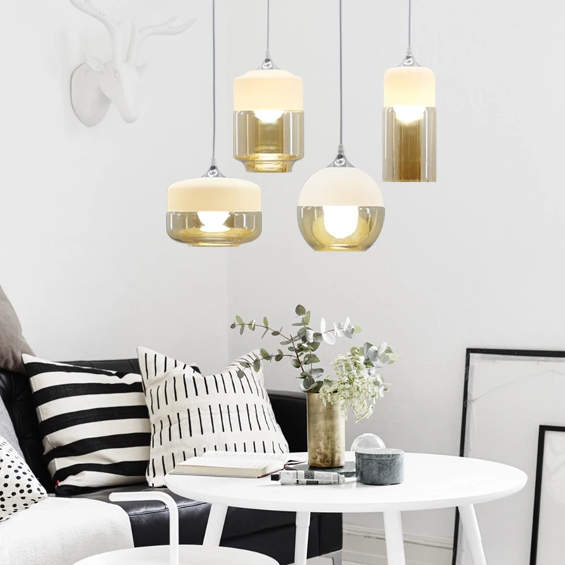 Ресторан 2 цветные стеклянные подвесные светильники для дома Скандинавское