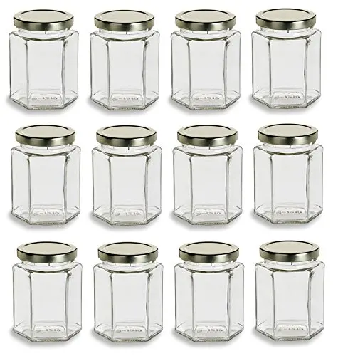 Стеклянные шестиугольные банки с металлическими крышками 180 мл (6 унций) 12