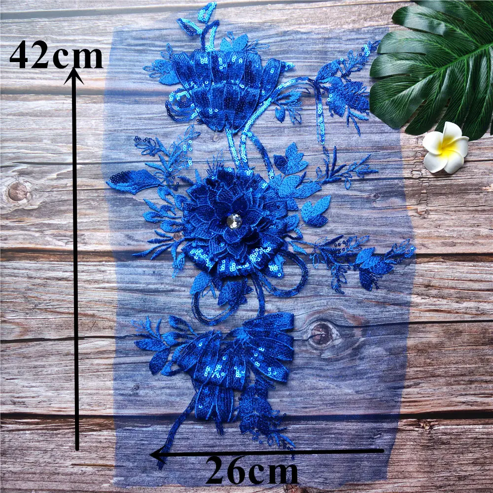 Синий блесток 3D цветок листья кружева ткань горный хрусталь Вышитые свадебное
