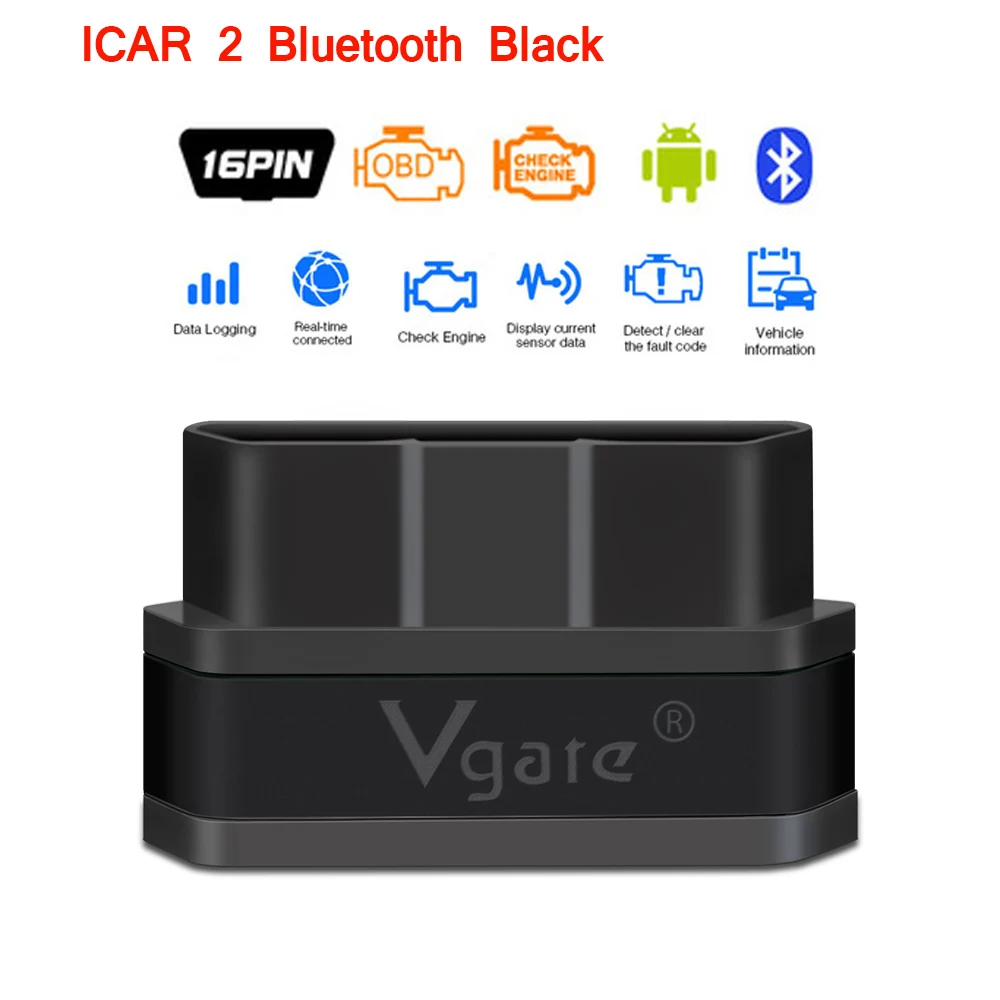 Vgate icar2 Bluetooth/Wifi OBD2 диагностический инструмент ELM327 Bluetooth/wifi OBD 2 сканер Мини ELM327 для android/PC/IOS считыватель кодов - Цвет: Icar2 BT Black