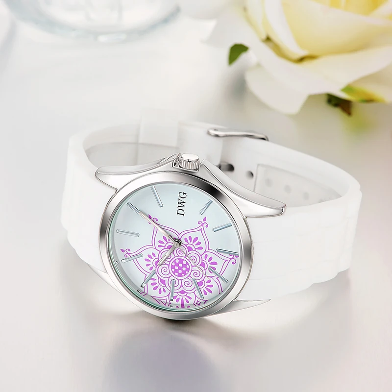 DWG Для женщин часы лучший бренд оптовая кварцевые Белый силиконовый ремешок уникальные чехол Цветы платье