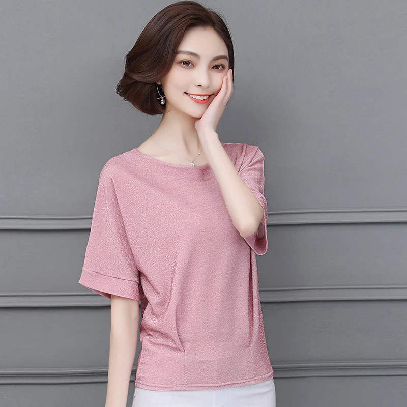 Pink Блестящая блуза с блестками Женская Туника модные женские блузки летние женские топы и блузки размера плюс рукав летучая мышь рубашки M-4XL - Цвет: Pink