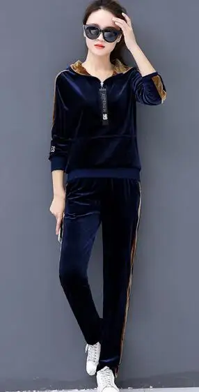 Royal Blue Новинка, Модный золотой Бархатный спортивный костюм для женщин, весна-осень, повседневный женский костюм с капюшоном, свитшот, комплект из двух предметов размера плюс - Цвет: Royal Blue