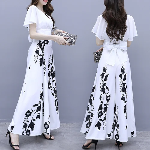 Женский комплект из 2 предметов белая шифоновая блузка с широкими штанинами и