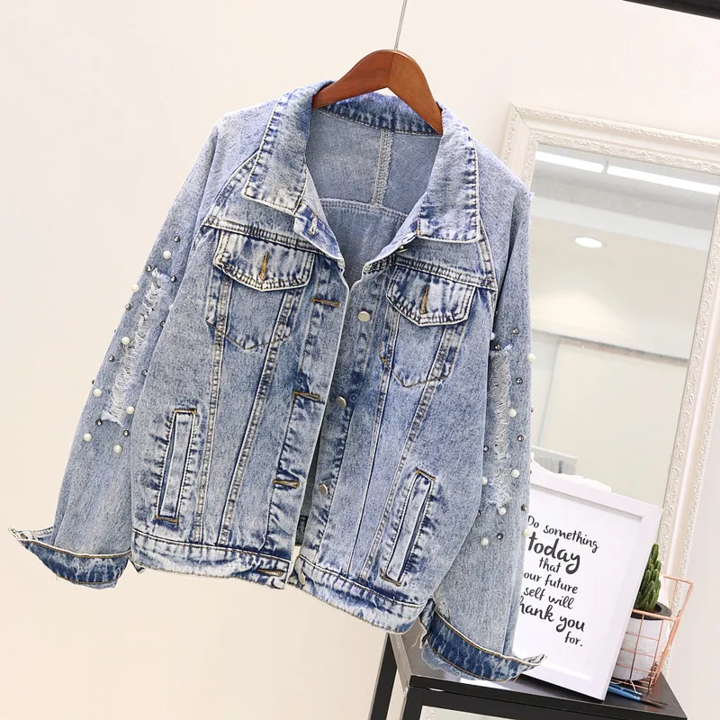 Fitaylor женские джинсовые куртки весна Harajuku Хип Хоп куртка свободный жемчуг длинный