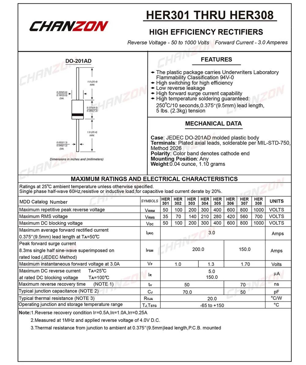 (20 шт.) HER307 высокоэффективный выпрямительный диод 3A 800 V 50 70ns DO 201AD (DO 27) Axial 3 Amp вольт