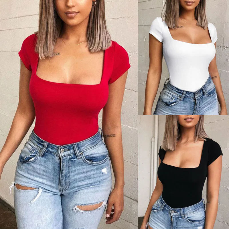 Женские топы с большим квадратным вырезом летние однотонные боди модные