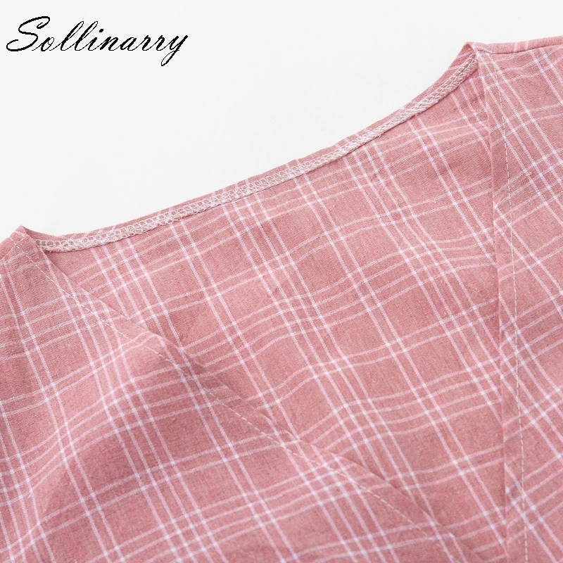 Sollinarry Pink plaid Long Sleeve Crop Womens Tops and Blouse Casual V-Neck Feminino Cardigan Bow Shirt Blusa |