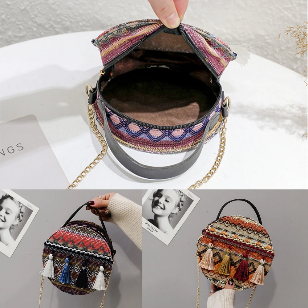 Boho национальная круговая Маленькая женская сумка через плечо, стеганая сумка-кошелек с цепочкой на ремне, праздничная дорожная сумка