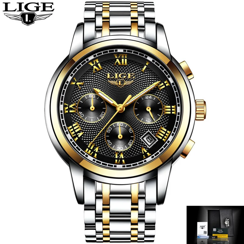 Gold black S LIGE новые часы Мужские люксовый бренд хронограф мужские спортивные часы водонепроницаемые полностью Стальные кварцевые мужские часы Relogio Masculino - Цвет: Gold black S