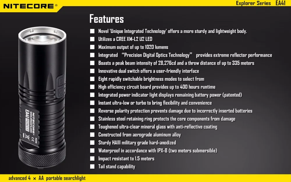 Аккумуляторный Фонарь NITECORE EA41 EA41W CREE XM-L2 U2 светодиодный Макс. 1020 люмен расстояние луча 335 м водонепроницаемый фонарь
