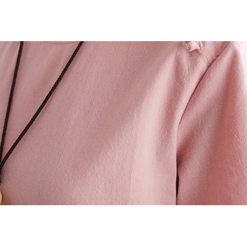 

vintage temperament women Linen Short sleeve dress Summer new Loose Cotton Straight dress Solid color Embroidery O-Neck dress