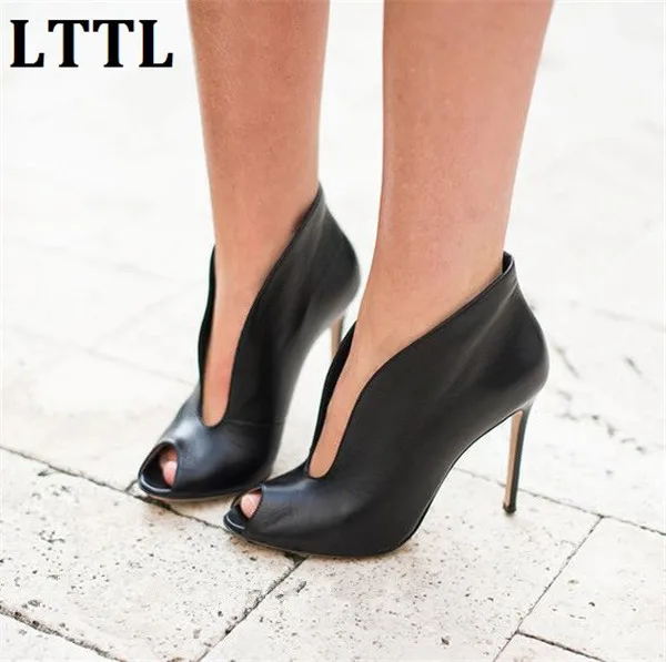 2017 Модные ботильоны из замши/кожи с открытым носком и глубоким V-образным вырезом