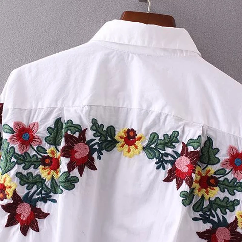 LERFEY Женская Цветочная блузка с вышивкой рубашка отложным воротником белые