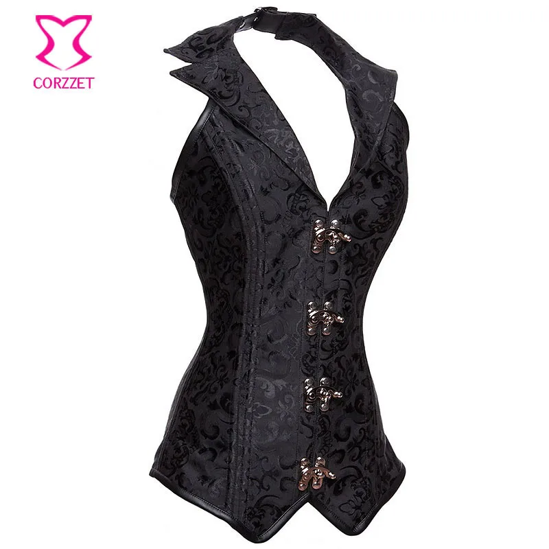 Черная парча корсет с воротником-халтером корсеты и бюстье спиральные стальные