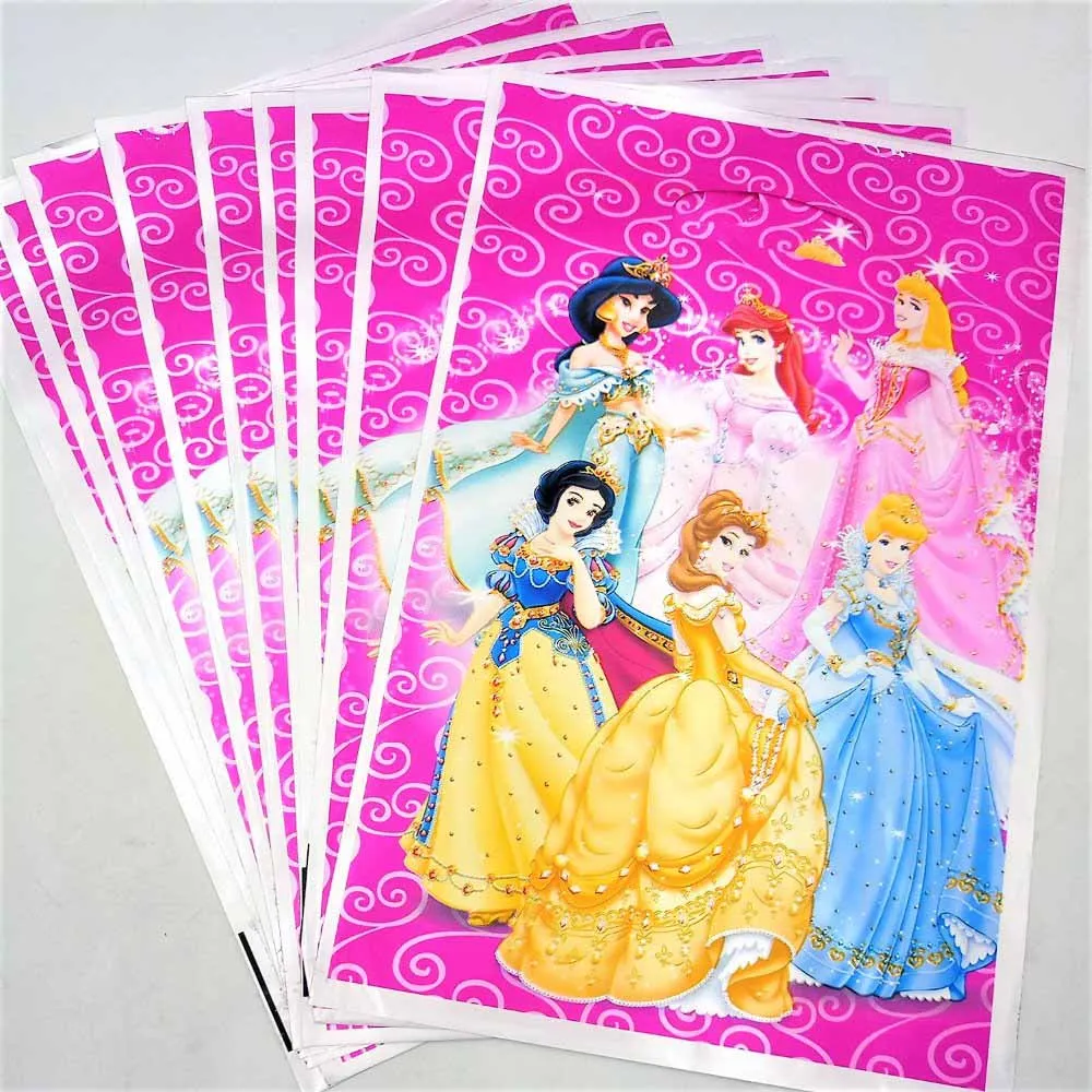 gift bags 10pcs Дисней шесть принцесса принадлежности для тематической вечеринки тарелка чашки соломинки флаг скатерти коробка конфет Ножи Ложки салфетки День рождения украшения - Цвет: gift bags 10pcs