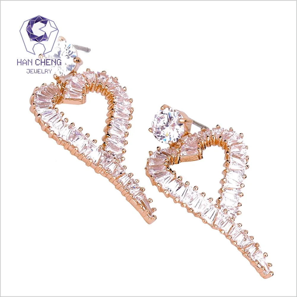 HanCheng New Big Copper Hollow Heart Hanging 925 Silver Nail Gem Stone CZ Zircon Drop Earrings For Women Jewelry brincos bijoux | Украшения