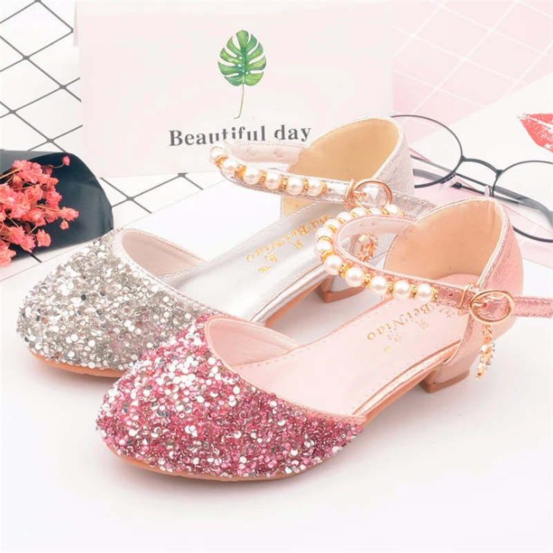 Spring Autumn New Children Leather Shoes Casual Girls Princess Small high-heeled Party Fashion Sequins Pearl Kids |