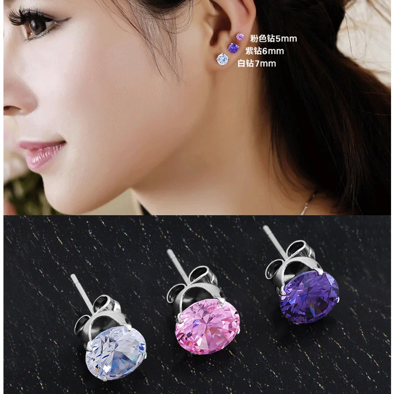1Pair White Purple Pink CZ Silver Surgical Steel Post Stud Earrings Office or OL Rock Jewelry | Украшения и аксессуары