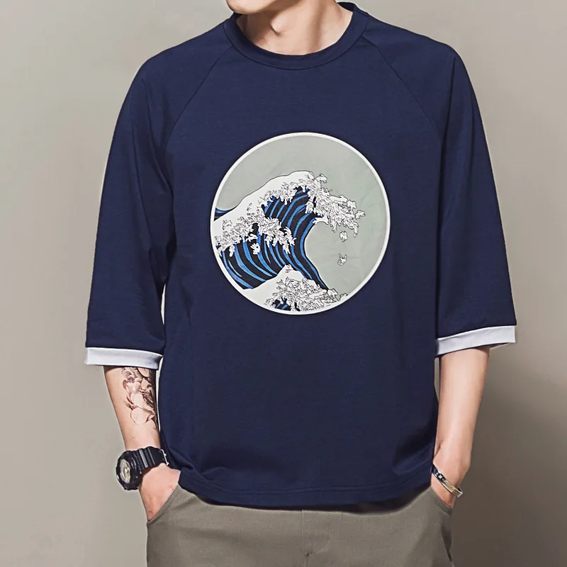Navy Blue Новинка, летняя мужская футболка, модный тренд, китайский стиль, винтажный принт, мужские футболки, свободный хлопок, круглый вырез, повседневная мужская футболка - Цвет: Navy Blue