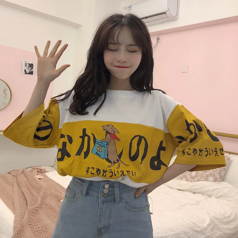 Ulzzang, летние милые японские топы с рисунками из мультфильмов, новинка, Harajuku, женская, три четверти, Корея, большой размер, свободная, повседневная, забавная, хлопковая футболка