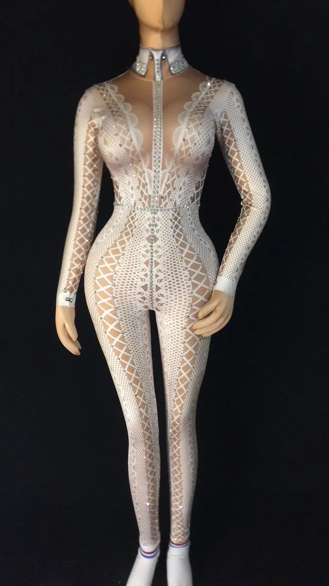 

Women New Printed Stretch Jumpsuit Rhinestones Sexy Bodysuit Costume Stage Outfit Singer Dancer Performance Rompers Jumpsuit