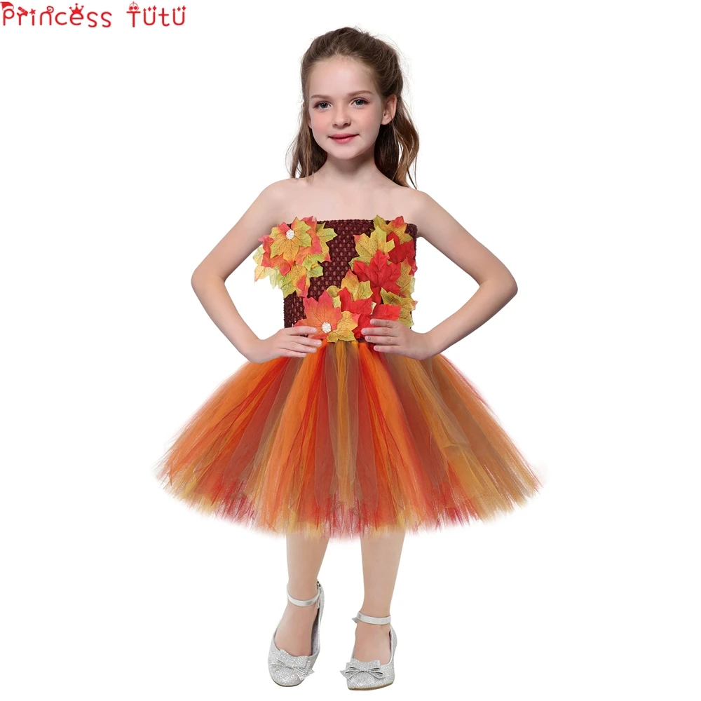 Fall Maple Leaf Girl Tutu Dress Children Strapless Strap Thanksgiving Birthday Party Clothing Beautiful Artistic Kids Clot | Детская