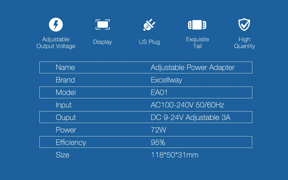 LEORY Excellway 9-24V 3A 72W AC/DC адаптер импульсный источник питания регулируемый адаптер питания дисплей ЕС