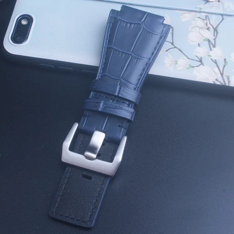Blue silver buckle Черный коричневый синий Аллигатор узор кожаный ремешок для часов Ремешок для Bell& Ross BR-01 и BR-03 черная пряжка - Цвет ремешка: Blue silver buckle