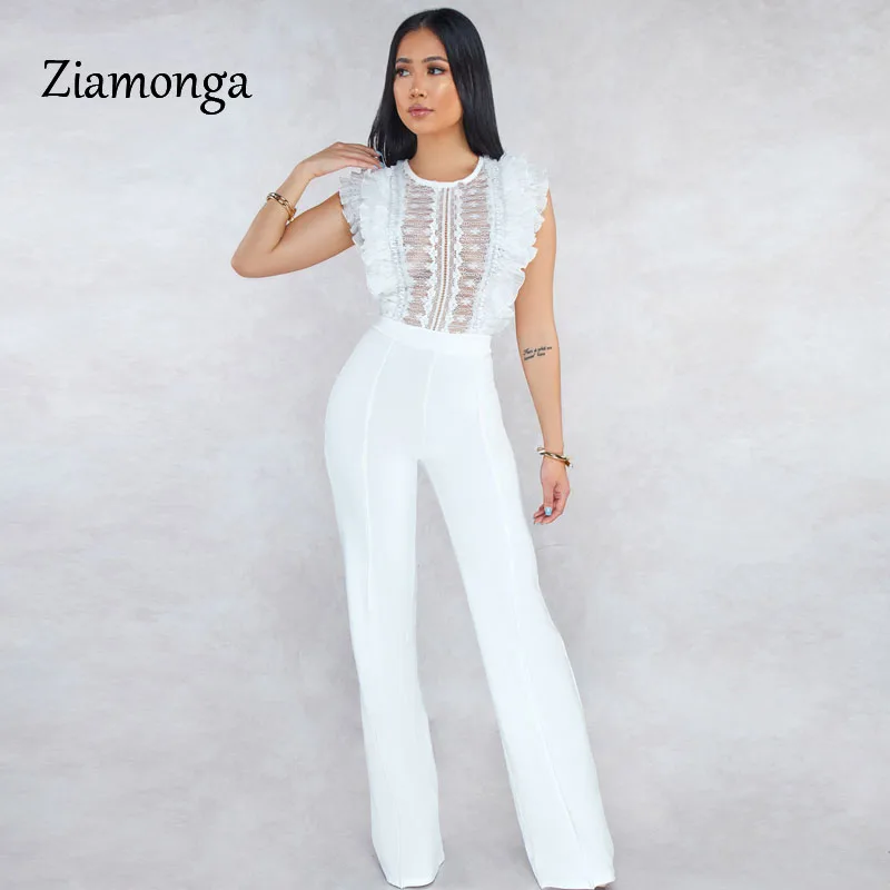 White Ziamonga, женские сексуальные комбинезоны, пэчворк, кружева, сетка, оборки, прозрачные, тонкие, боди, комбинезоны, длинные штаны, наряды - Цвет: White