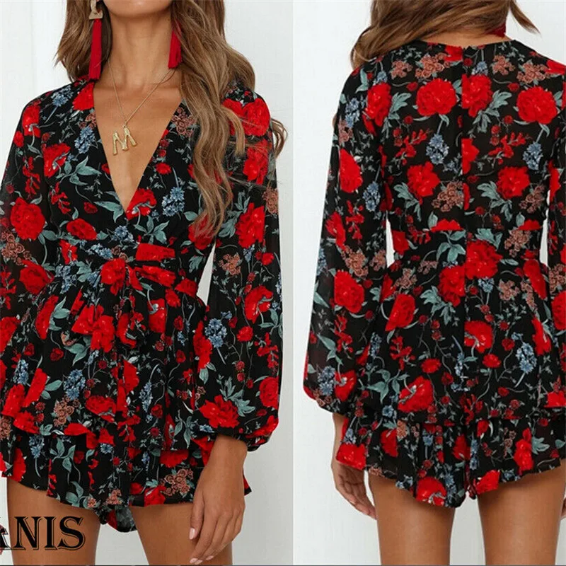 Женский комбинезон с длинным рукавом и глубоким v образным вырезом принтом