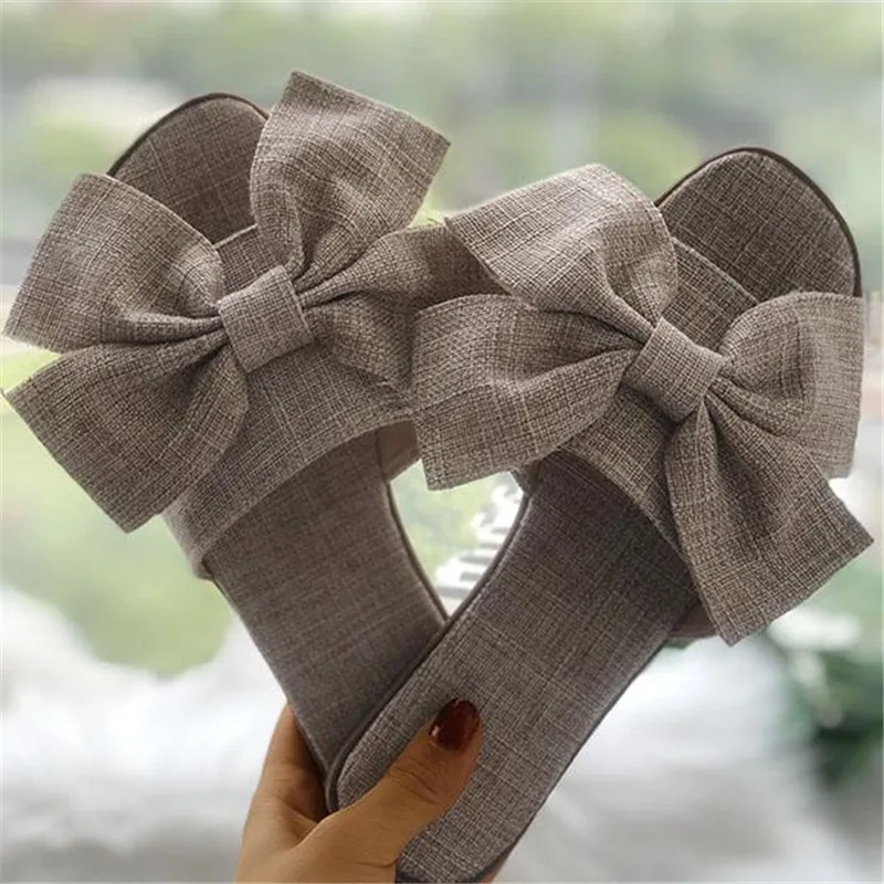 2019 женские летние пляжные шлепанцы дышащие льняные Вьетнамки с большим бантом