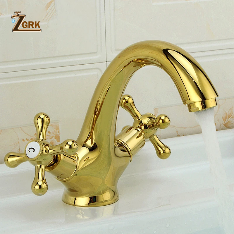 

ZGRK Deck Mount Bathroom Faucet Dual Handle Single Hole Golden Mixer Taps Basin Jade Tape Full Copper Marble Wash Basin Taps