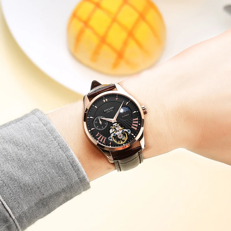 Брендовые Новые популярные мужские автоматические часы Tourbillon, самозаводные римские деловые часы, 3 бара, из натуральной кожи, полые наручные часы, фаза Луны