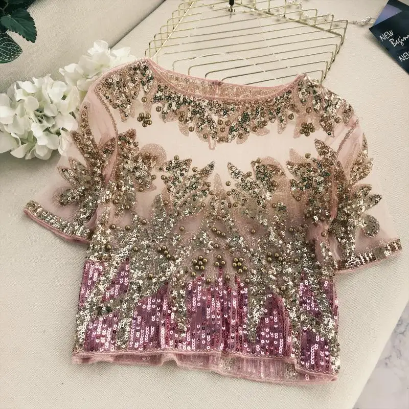 

Perspective Handmade Flower Embroidery Sequins T-shirts Beaded Mesh Tees Blingbling Short-sleeved O-Neck Gauze Shirts Crop Tops
