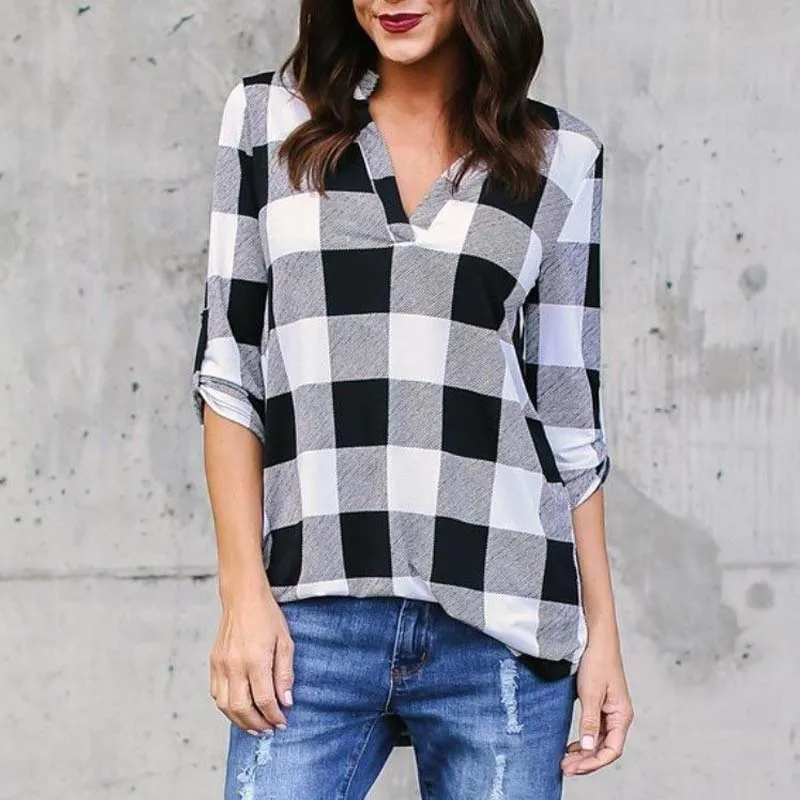 Women Fashion V Neck Long Sleeve Loose Blouse Casual Check Plus Size S 5XL Plaid Baggy Shirts Classic Pullovers |