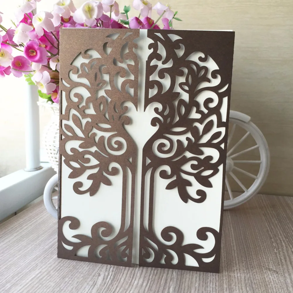 

50pcs Glossy Paper Craft Modern Design Tree Wedding Invitations Cards Custom Greeting Blessing Card Decoration Festival Supplies