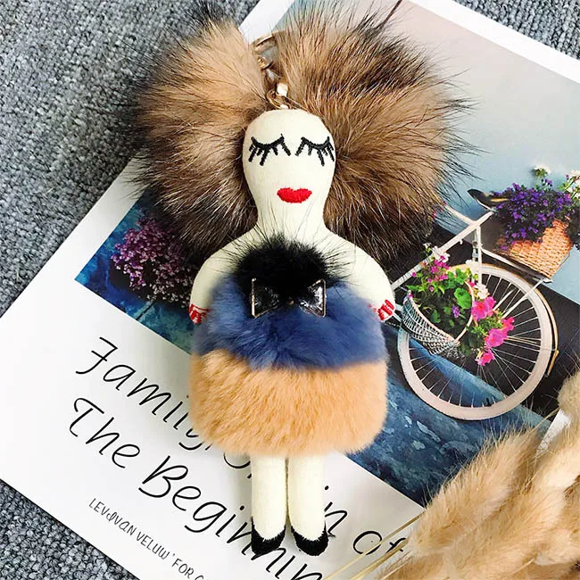 Modern Girl Grazy Women Real Rex Rabbit Fur Keychain Fluffy Doll Fur Pompon Bag Charm Keyring Luxury Car Key Pendant Accessories - Цвет: Grey