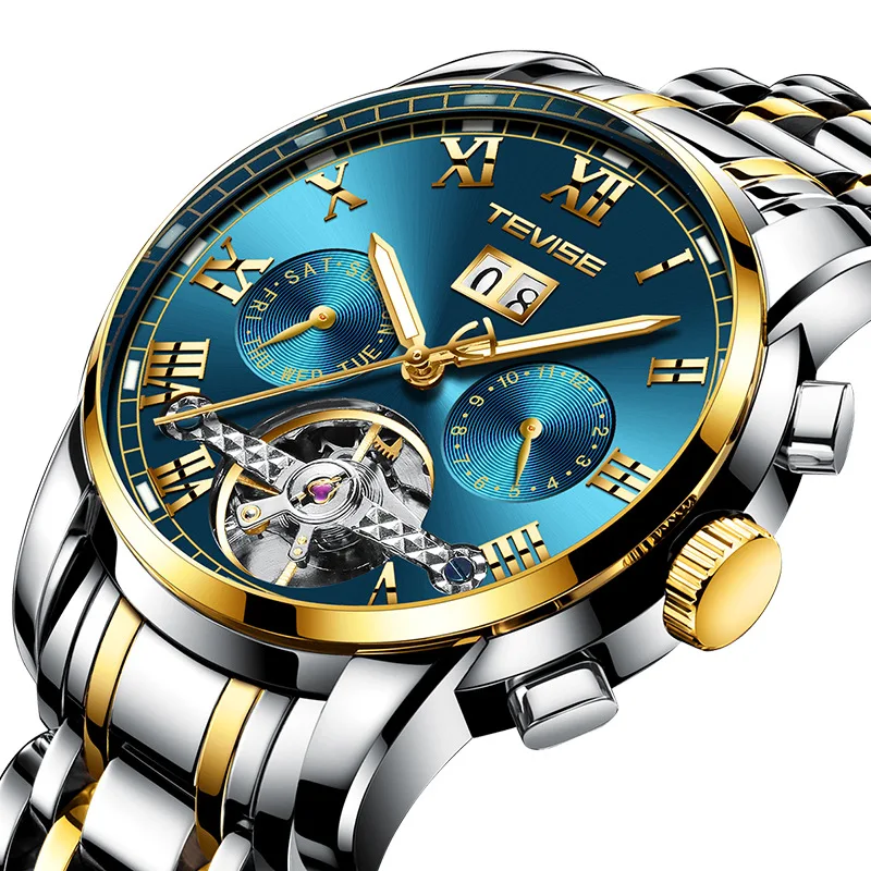 TEVISE, мужские часы, автоматические механические часы, мужские Tourbillon, водонепроницаемые часы со скелетом, мужские наручные часы, Relogio Masculino - Цвет: gold blue